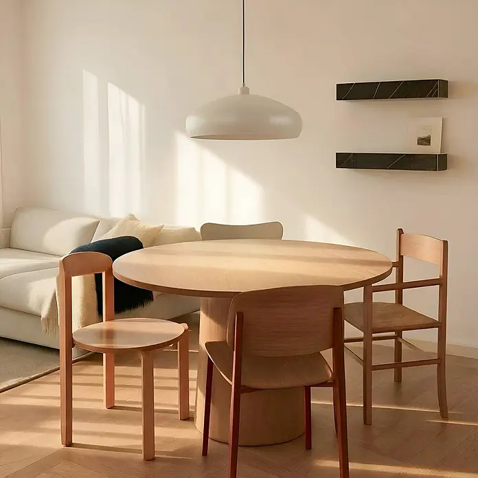 Lindby Pendelleuchte Elover - creme / amber, beige, E27 - Ein runder Esstisch aus hellem Holz mit massivem Sockel, umgeben von passenden Holzstühlen, in einem hellen Esszimmer.
