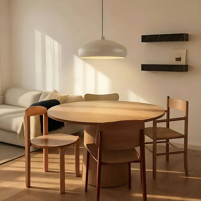 Lindby Pendelleuchte Elover - creme / amber, beige, E27 - Moderner Essbereich mit rundem Holztisch, Holzstühlen und weißer Pendelleuchte, in natürliches Licht getaucht.