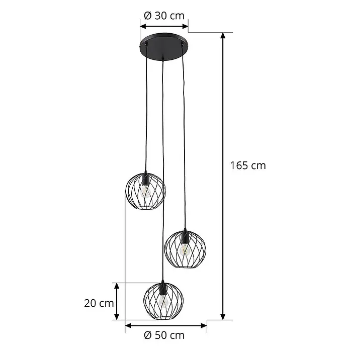 Lindby Pendelleuchte Danika - schwarz, Schwarz, E27 - Schwarze dreiflammige Pendelleuchte mit offenen Drahtgeflecht-Schirmen. Gesamthöhe 165 cm, Baldachindurchmesser 30 cm.