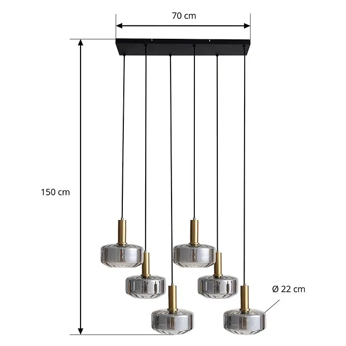 Lindby Pendelleuchte Hildur - alu / grau / zink, rauchgrau, messing, E27 - Sechsflammige Hängelampe mit schwarzer Deckenplatte (70cm) und Messingfassungen. Mit rauchgrauen Glasschirmen (Ø 22cm), max. Höhe 150cm.