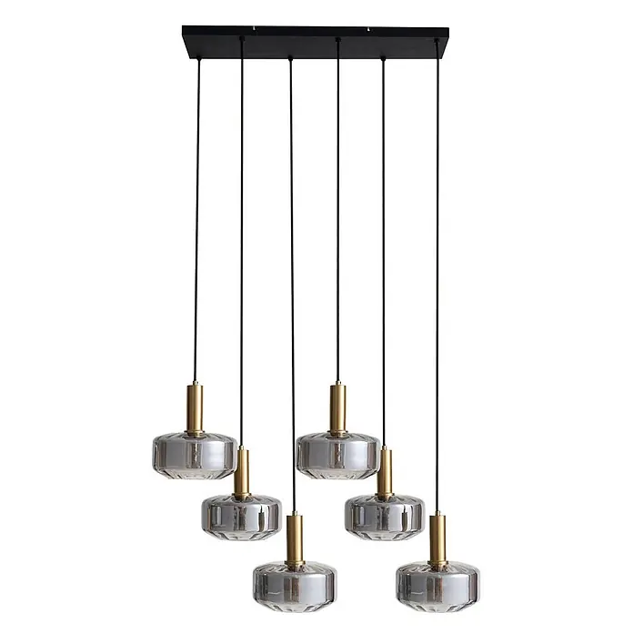 Lindby Pendelleuchte Hildur - alu / grau / zink, rauchgrau, messing, E27 - Sechsflammige Hängelampe mit schwarzer Deckenplatte, Messinghalterungen und Rauchglas-Schirmen.