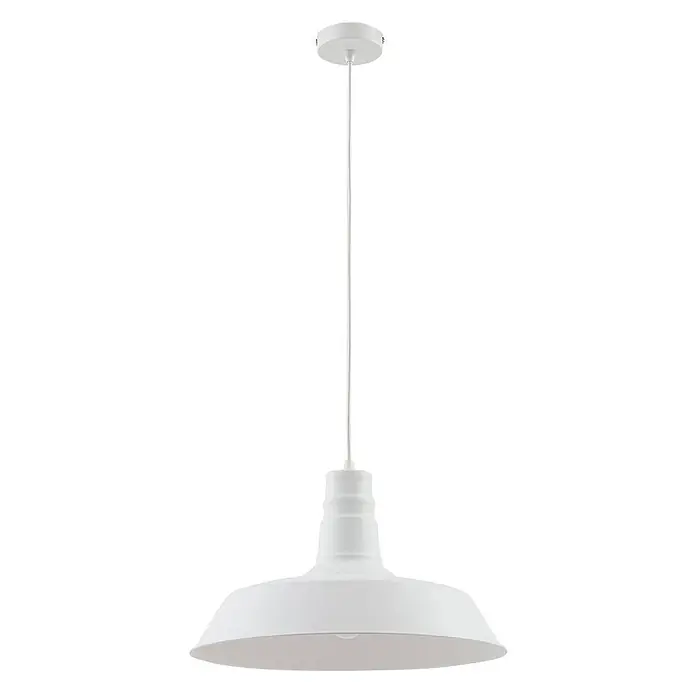 Lindby Pendelleuchte Laylan - L x B x H: 46 x 46 x 10,5 cm, weiß / opal, weiß, E27 - Weiße Metall-Pendelleuchte im Industriestil mit breitem, ausgestelltem Schirm, an einem Kabel hängend.