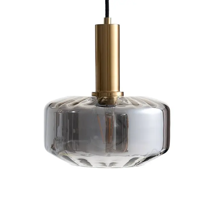 Lindby Pendelleuchte Hildur - alu / grau / zink, rauchgrau, messing, E27 - Gold- und Rauchglas-Pendelleuchte mit geriffeltem Detail und sichtbarer Glühbirne.