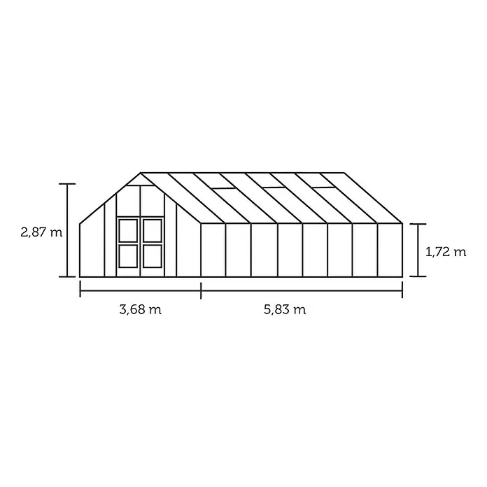 Juliana Gewächshaus Gärtner - Außenmaß inkl. Dachüberstand (B x T): 368 x 583 cm, Material Seitenwand: Glas, 3 mm, Anthrazit/Schwarz - Schemazeichnung eines Gewächshauses mit Abmessungen für Höhe und Breite des Gewächshauses.