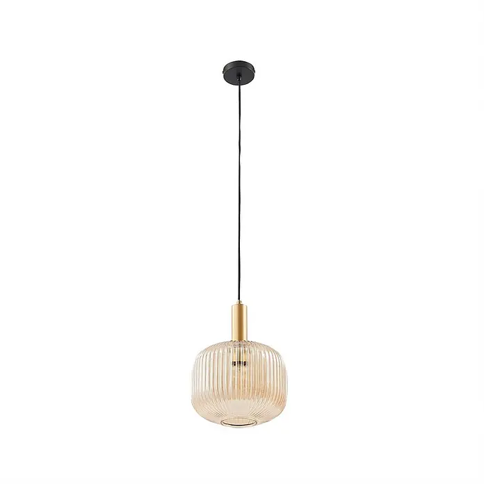Lindby Pendelleuchte Doroteo - L x B x H: 25 x 25 x 8,5 cm, creme / amber, amber, gold, E27 - Pendelleuchte mit geripptem Glas in Bernstein, schwarzem Kabel und goldfarbener Fassung.