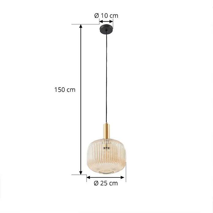 Lindby Pendelleuchte Doroteo - L x B x H: 25 x 25 x 8,5 cm, creme / amber, amber, gold, E27 - Goldfarbene Pendelleuchte mit rundem, geripptem bernsteinfarbenem Glasschirm und schwarzem Baldachin.