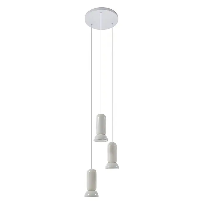 Lindby Pendelleuchte Kerimi - L x B x H: 30 x 30 x 21,5 cm, weiß / opal, creme, GU10 - Drei moderne weiße Pendelleuchten mit zylindrischen und kuppelförmigen Elementen, von runder Deckenplatte hängend.