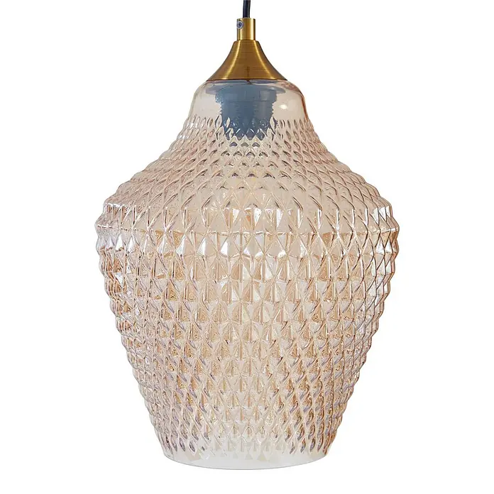 Lindby Pendelleuchte Drakar - L x B x H: 22 x 22 x 32 cm, creme / amber, amber, gold, E27 - Facettierte Pendelleuchte aus champagnerfarbenem Glas mit Messingfassung.