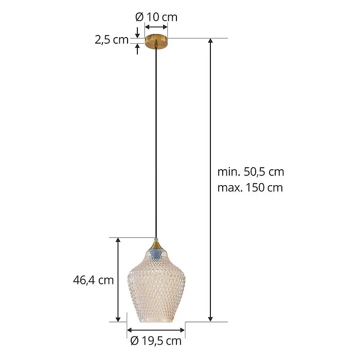 Lindby Pendelleuchte Drakar - L x B x H: 22 x 22 x 32 cm, creme / amber, amber, gold, E27 - Verstellbare Pendelleuchte mit messingfarbener Deckenrose, dunklem Kabel und strukturiertem bernsteinfarbenem Glasschirm. Gesamtlänge min. 50,5 cm, max. 150 cm.