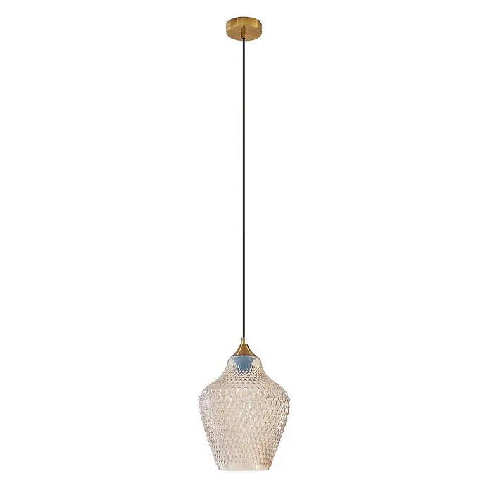 Lindby Pendelleuchte Drakar - L x B x H: 22 x 22 x 32 cm, creme / amber, amber, gold, E27 - Pendelleuchte mit strukturiertem bernsteinfarbenem Glasschirm im Diamantmuster, Messingdetails und schwarzem Kabel zur Deckenaufhängung.
