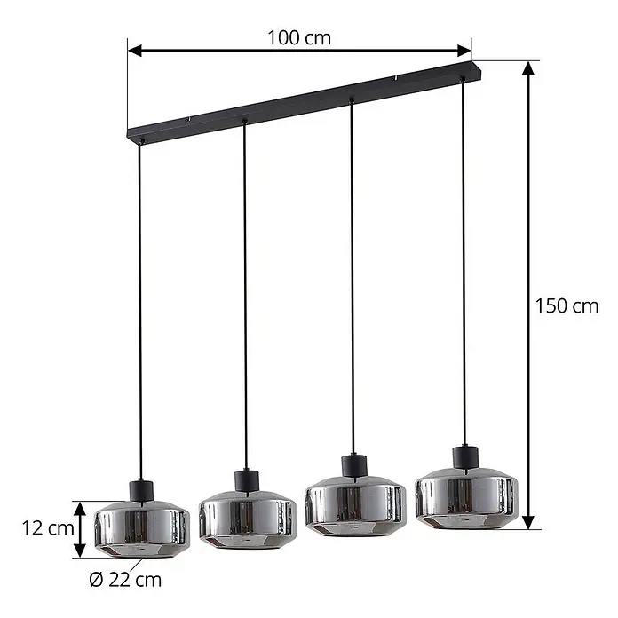 Lindby Pendelleuchte in rauchgrau transparent, schwarz matt, Hängelampe -  - Vierflammige Pendelleuchte mit schwarzer Aufhängung und Chrom-Lampenschirmen.