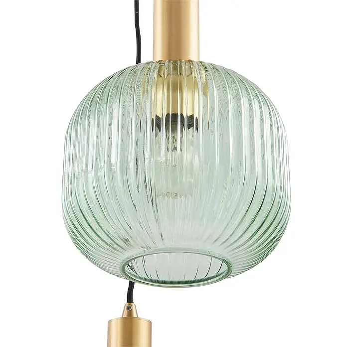 Lindby Pendelleuchte Dorotoe - L x B x H: 45 x 45 x 18 cm, Multicolour, Grün, amber, rauchgrau, E27 - Hängelampe mit geripptem hellgrünem Glasschirm und Messingdetails.