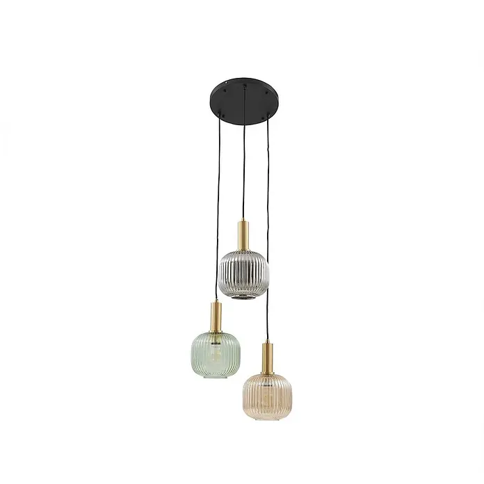 Lindby Pendelleuchte Dorotoe - L x B x H: 45 x 45 x 18 cm, Multicolour, Grün, amber, rauchgrau, E27 - Dreiflammige Pendelleuchte mit schwarzer Basis, goldenen Fassungen und gerippten Glasschirmen in Klarglas, Grün und Amber.