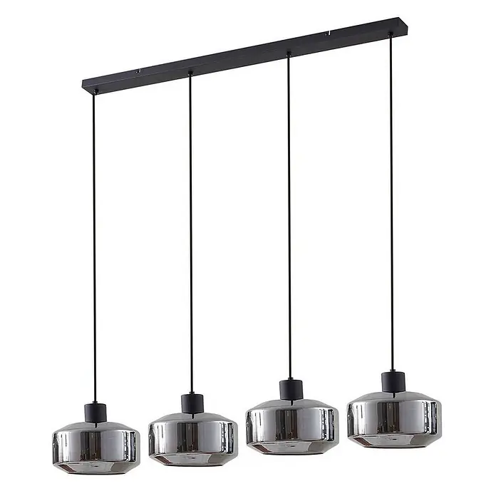 Lindby Pendelleuchte in rauchgrau transparent, schwarz matt, Hängelampe -  - Schwarze lineare Pendelleuchte mit vier zylindrischen Schirmen in Chromoptik.