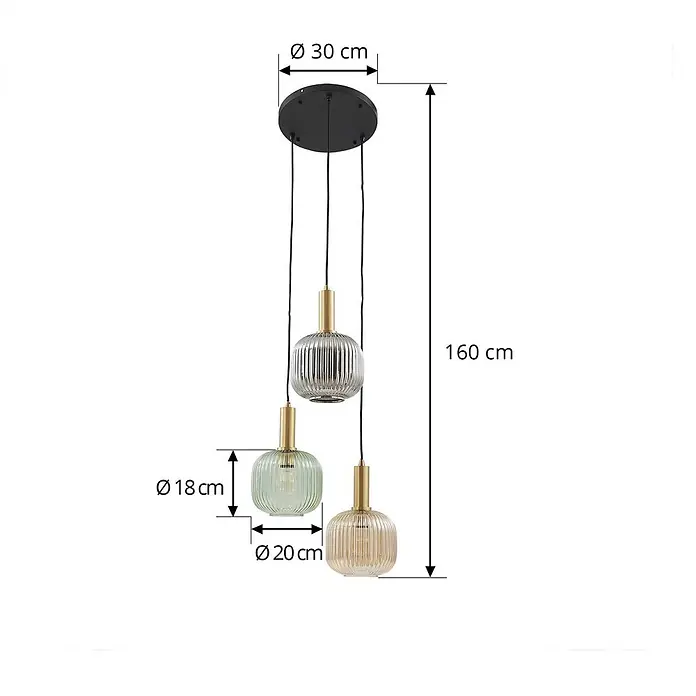 Lindby Pendelleuchte Dorotoe - L x B x H: 45 x 45 x 18 cm, Multicolour, Grün, amber, rauchgrau, E27 - Drei Pendelleuchten mit gerippten Glasschirmen in verschiedenen Farben, goldfarbenen Details und schwarzem Baldachin. Max. Höhe 160 cm.