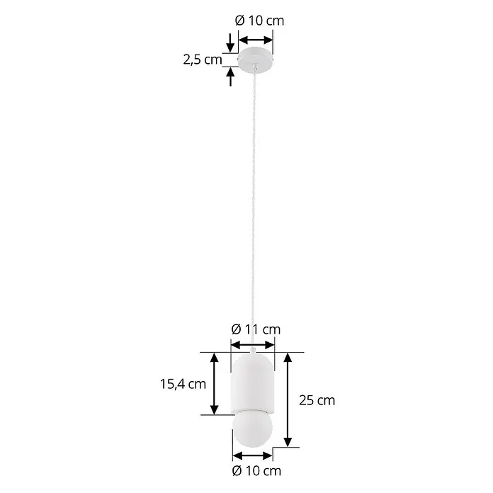 Lindby Pendelleuchte Nielson - L x B x H: 11 x 11 x 25 cm, weiß / opal, weiß, E27 - Weiße Hängelampe mit runder Deckenbefestigung und zylindrischem und kugelförmigem Lampenkörper, inklusive Maßangaben.