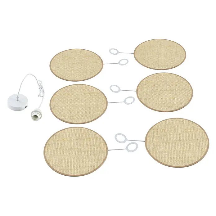 Lindby Pendelleuchte Astraia - creme / amber, creme, holz hell, E27 - Pendelleuchten-Set mit einer weißen Fassung und sechs runden, beigefarbenen Textilschirmen mit Befestigungsschlaufen.