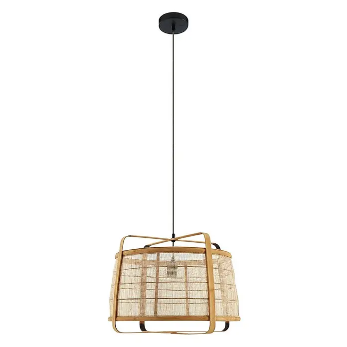 Lindby Pendelleuchte Liriana - L x B x H: 45 x 45 x 35 cm, Holz hell, holz hell, Schwarz, E27 - Hängeleuchte aus Rattan und Bambusgeflecht mit schwarzem Kabel und Deckenplatte.