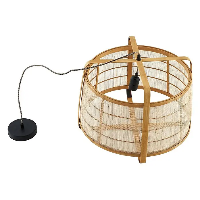 Lindby Pendelleuchte Liriana - L x B x H: 45 x 45 x 35 cm, Holz hell, holz hell, Schwarz, E27 - Hängeleuchtenschirm aus Bambus und Webstoff in Trommelform mit schwarzem Kabel und Deckenplatte.