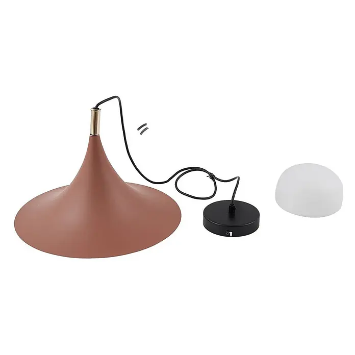 Lindby Pendelleuchte Jarl - L x B x H: 35 x 35 x 23 cm, braun / rost, braun, G9 - Zerlegte terrakottafarbene glockenförmige Pendelleuchte mit schwarzem Kabel, Deckenrosette und weißem Diffusor.