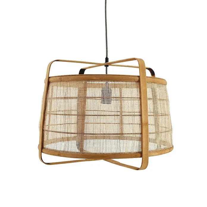 Lindby Pendelleuchte Liriana - L x B x H: 45 x 45 x 35 cm, Holz hell, holz hell, Schwarz, E27 - Hängeleuchte aus Naturgeflecht mit hellem Bambusrahmen.