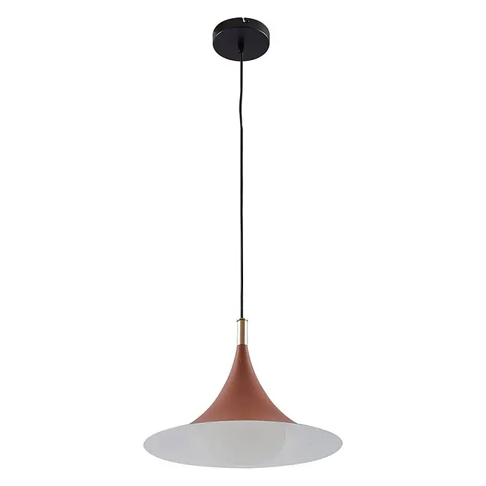 Lindby Pendelleuchte Jarl - L x B x H: 35 x 35 x 23 cm, braun / rost, braun, G9 - Hängelampe mit schwarzem Baldachin, Messingakzent, rotbraunem Glockenschirm und weißer Diffusorscheibe.