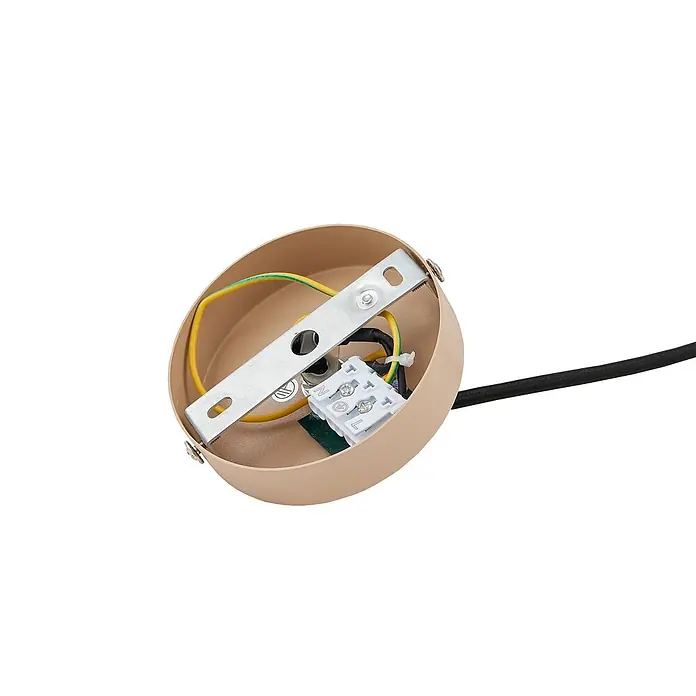 Lindby Pendelleuchte Clarine - creme / amber, beige, E27 - Beigefarbene Metall-Deckenrosette innen mit Montagehalterung, Verkabelung und Klemmenblock für elektrische Anschlüsse.