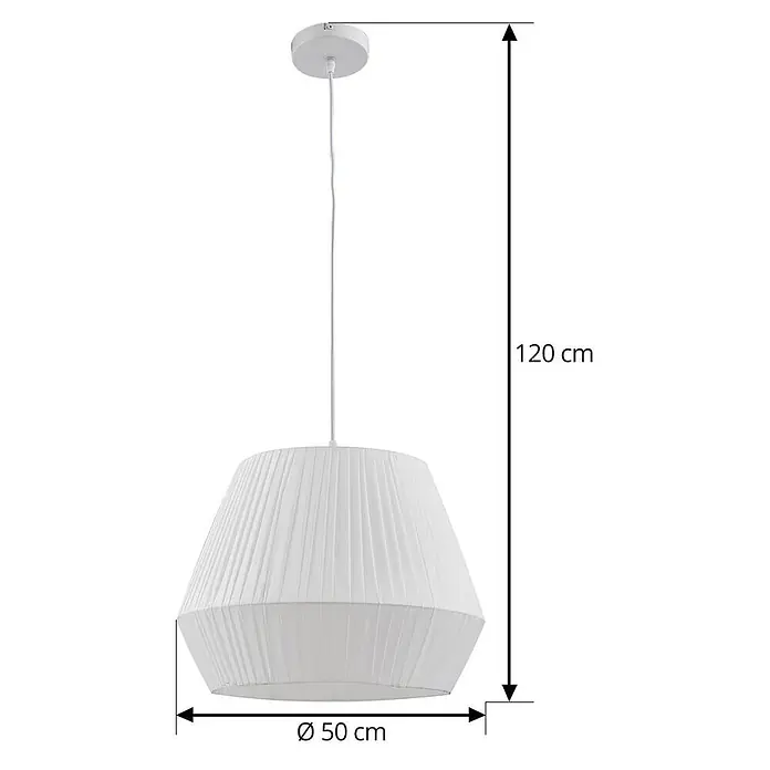 Lindby Pendelleuchte Vitore - L x B x H: 40 x 40 x 40 cm, weiß / opal, weiß, E27 - Weiße Pendelleuchte aus plissiertem Stoff mit konischem Schirm. Gesamthöhe 120 cm, Durchmesser 50 cm.