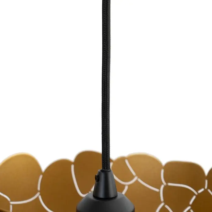 Lindby Pendelleuchte Aralena - L x B x H: 26 x 26 x 20 cm, schwarz, Schwarz, gold, E27 - Schwarzes Textilkabel, verbunden mit einer schwarzen Fassung, darunter ein goldener, schuppenartiger Lampenschirm.