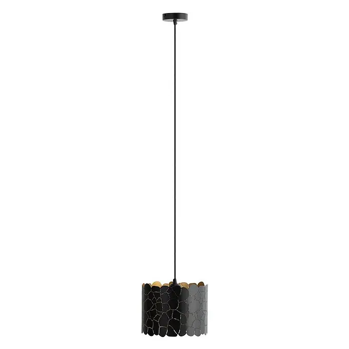 Lindby Pendelleuchte Aralena - L x B x H: 26 x 26 x 20 cm, schwarz, Schwarz, gold, E27 - Schwarze und graue Metall-Pendelleuchte mit unregelmäßigem Ausschnittmuster und goldener Innenseite, hängend von einer Deckenrosette.