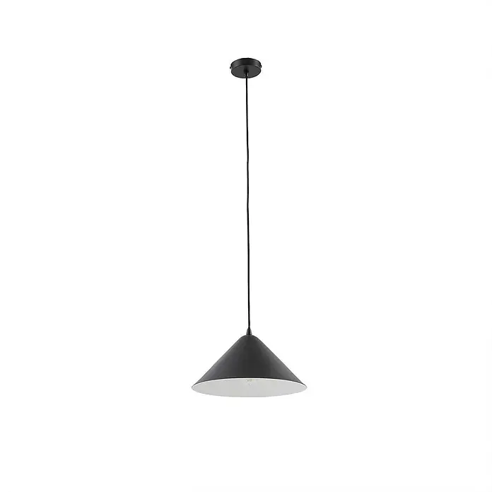 Lindby Pendelleuchte Clarine - L x B x H: 33 x 33 x 16 cm, schwarz, Schwarz, E27 - Schwarze konische Pendelleuchte mit weißer Innenseite, an einem schwarzen Kabel hängend.