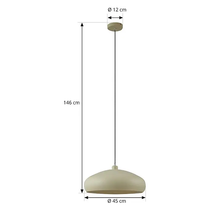 Lindby Pendelleuchte Elover - grün, hellGrün, E27 - Helle, beigefarbene Pendelleuchte mit kuppelförmigem Schirm. Abmessungen für Höhe, Baldachin und Schirmdurchmesser sind angegeben.