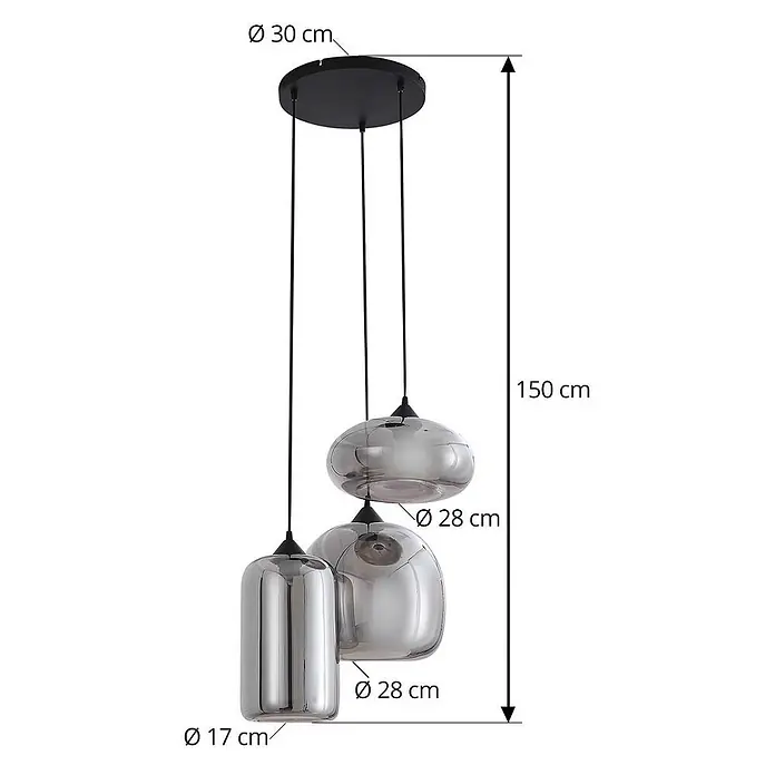 Lindby Pendelleuchte Marla - L x B x H: 50 x 50 x 30 cm, schwarz, Schwarz, rauchgrau, E27 - Dreiflammige Pendelleuchte mit rauchfarbenen Glasschirmen und schwarzer Deckenbefestigung.