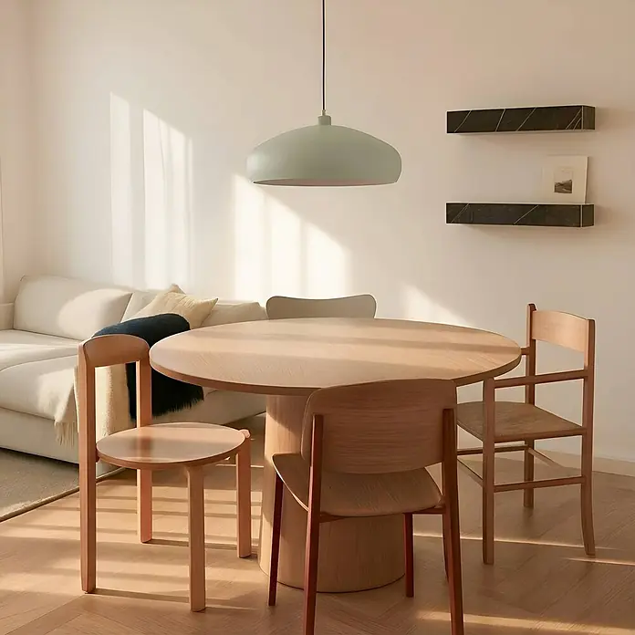 Lindby Pendelleuchte Elover - grün, hellGrün, E27 - Ein moderner Essbereich mit rundem Tisch und Stühlen aus hellem Holz, beleuchtet von einer salbeigrünen Pendelleuchte.