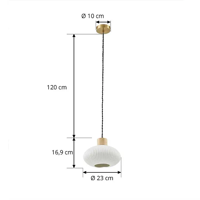 Lindby Pendelleuchte Paulie - weiß / opal, weiß, E27 - Weiße geriffelte Pendelleuchte mit hellem Holzdetail und goldener Deckenrosette, an einem schwarzen Kabel hängend.