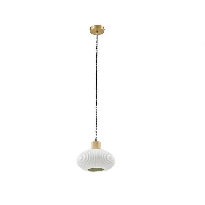 Lindby Pendelleuchte Paulie - weiß / opal, weiß, E27 - Messing-Pendelleuchte mit schwarzem geflochtenen Kabel, hellem Holz und weißem gerippten Keramikschirm.