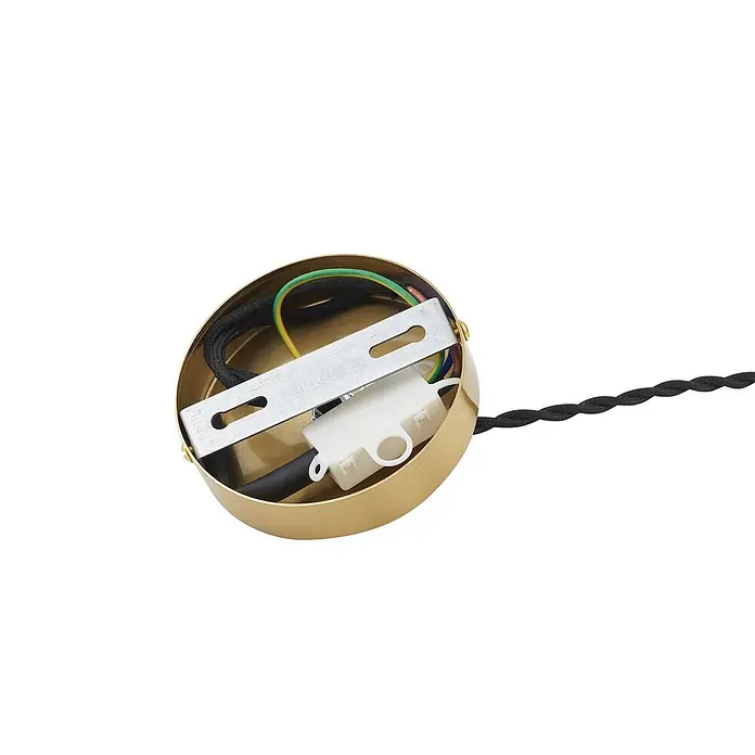 Lindby Pendelleuchte Paulie - weiß / opal, weiß, E27 - Goldfarbene Messing-Deckenrosette mit interner Verkabelung, weißer Klemme und Montagebügel für eine Leuchte.