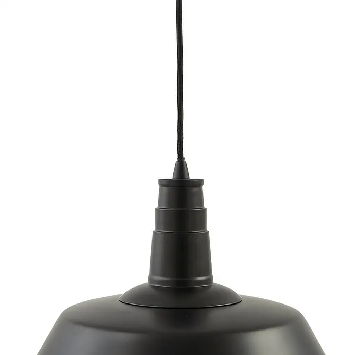 Lindby Pendelleuchte Laylan - schwarz, Schwarz, weiß, E27 - Schwarze Metall-Pendelleuchte mit Textilkabel, zeigt den oberen Teil des Schirms und der Schnur.