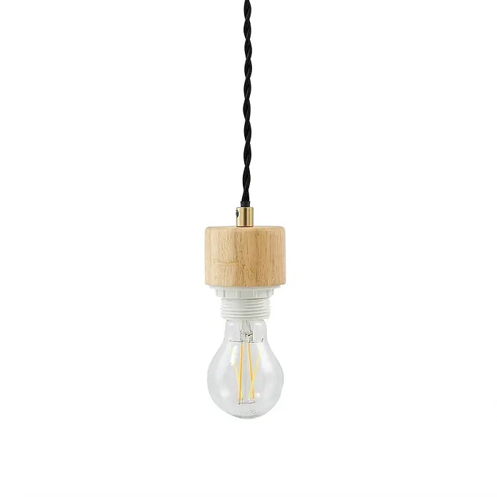 Lindby Pendelleuchte Paulie - weiß / opal, weiß, E27 - Pendelleuchte mit Naturholzfassung, schwarzem Textilkabel und klarer LED-Glühbirne.