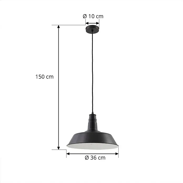 Lindby Pendelleuchte Laylan - schwarz, Schwarz, weiß, E27 - Mattschwarze Metall-Pendelleuchte, 150 cm lang, Schirm-Ø 36 cm, Deckenbefestigung-Ø 10 cm.