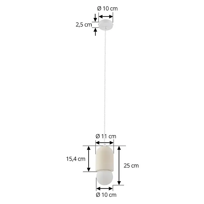 Lindby Pendelleuchte Nielson - creme / amber, beige, weiß, E27 - Weiße Pendelleuchte mit geflochtenem Kabel, Ø 10 cm Deckenbaldachin und zylindrischem Schirm (Ø 11 cm, 15,4 cm lang) mit Kugelbirne.