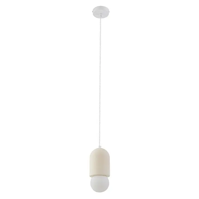 Lindby Pendelleuchte Nielson - creme / amber, beige, weiß, E27 - Weiße Pendelleuchte mit gedrehtem Kabel, einem hellbeigen zylindrischen Schirm und weißem Kugeldiffusor.