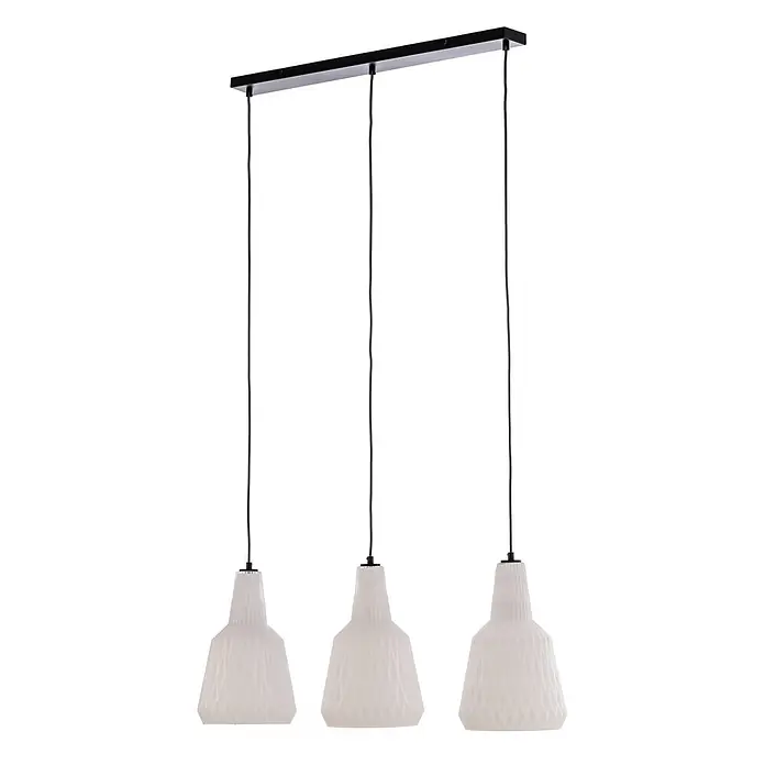 Lindby Pendelleuchte Belarion - L x B x H: 98 x 23 x 35 cm, weiß / opal, opal, E27 - Drei weiße strukturierte Glas-Pendelleuchten an einer schwarzen Deckenleiste.