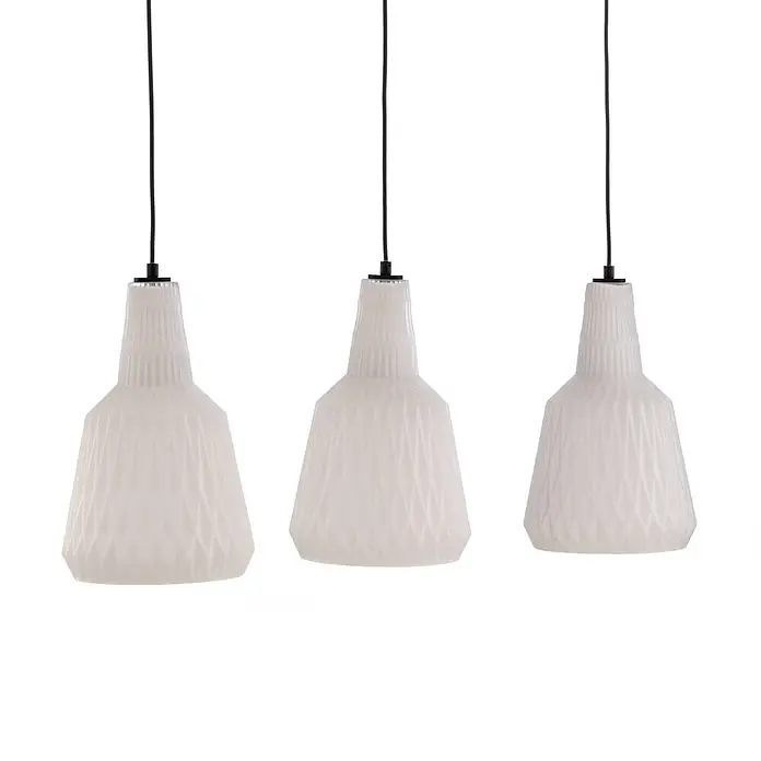 Lindby Pendelleuchte Belarion - L x B x H: 98 x 23 x 35 cm, weiß / opal, opal, E27 - Drei weiße, mattierte Glas-Pendelleuchten mit texturierten Schirmen, hängend.