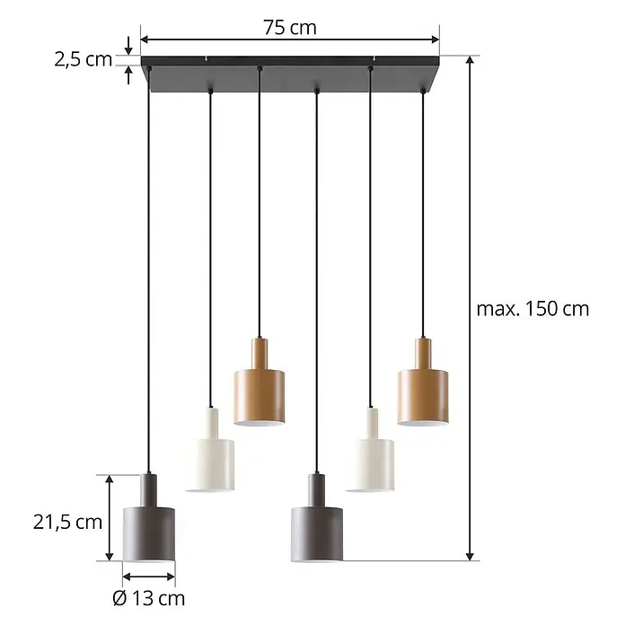Lindby Pendelleuchte Ovelia - L x B x H: 84 x 32 x 150 cm, braun / rost, dunkelbraun, kaffeebraun, beige, E27 - Fünfflammige Pendelleuchte mit schwarzer Leiste und zylindrischen Schirmen in Dunkelbraun, Creme und Hellbraun. Max. Länge 150 cm, Leiste 75 cm.