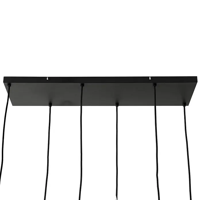 Lindby Pendelleuchte Ovelia - L x B x H: 84 x 32 x 150 cm, braun / rost, dunkelbraun, kaffeebraun, beige, E27 - Schwarze, rechteckige Deckenhalterung aus Metall mit fünf schwarzen Textilkabeln für Pendelleuchten.