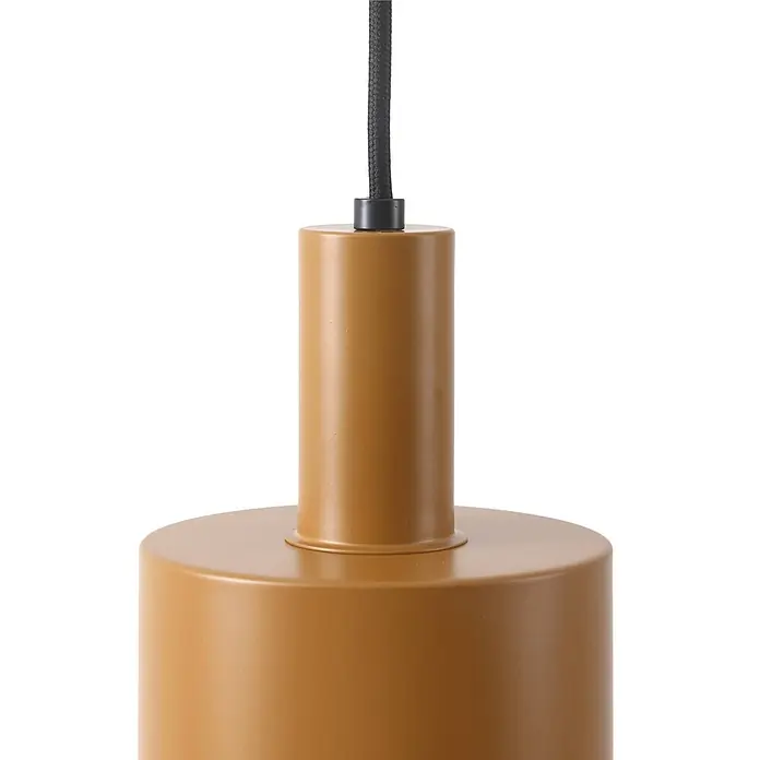 Lindby Pendelleuchte Ovelia - L x B x H: 84 x 32 x 150 cm, braun / rost, dunkelbraun, kaffeebraun, beige, E27 - Matte, curryfarbene zylindrische Pendelleuchte mit schwarzem Textilkabel.