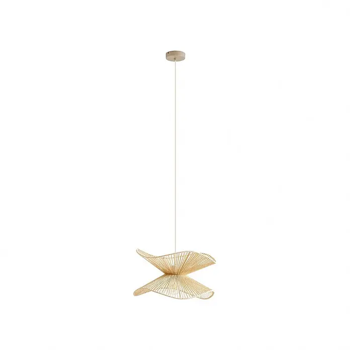 Lindby Pendelleuchte Valdorin - creme / amber, beige, E27 - Hellbraune Hängelampe mit sanduhrförmigem Schirm aus geflochtenen Naturfasern, an weißem Kabel.