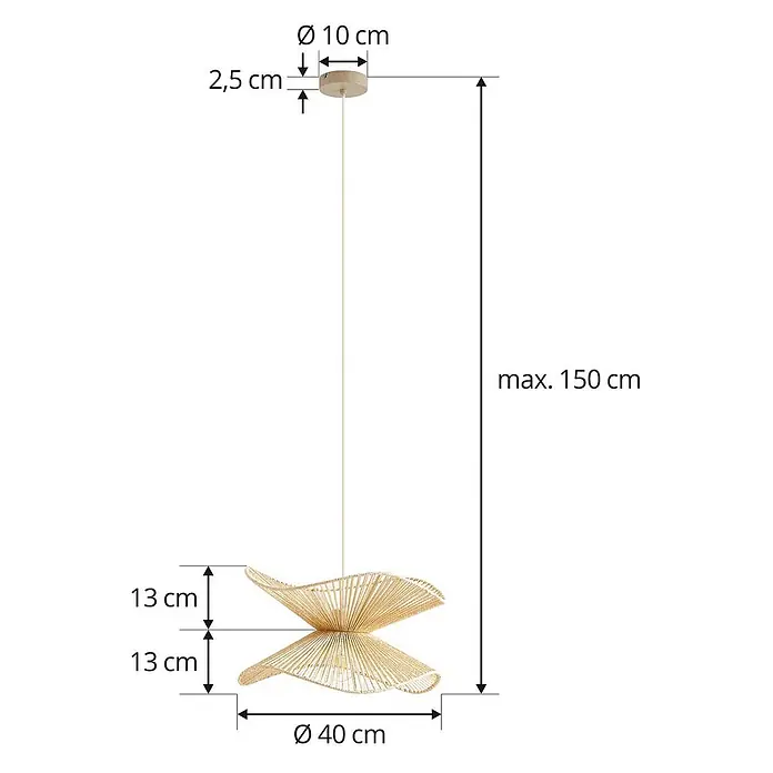 Lindby Pendelleuchte Valdorin - creme / amber, beige, E27 - Helle Hängelampe mit geflochtenem Schirm in einzigartigem Design, Maße sichtbar.