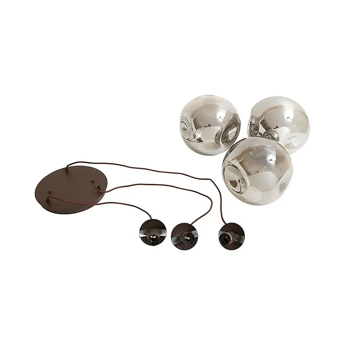 Lindby Pendelleuchte Valentina - alu / grau / zink, rauchgrau, kaffee, E27 - Dreiflammige Deckenleuchte mit Rauchglas-Kugeln, brauner ovaler Montageplatte und braunen Kabeln zu drei Fassungen.